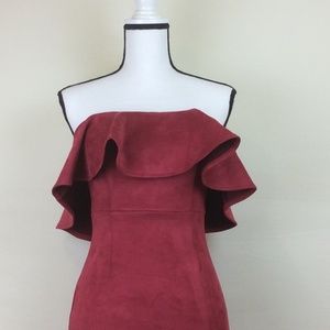 A.Peach Dark Red Strapless Midi Dress w/Ruffles